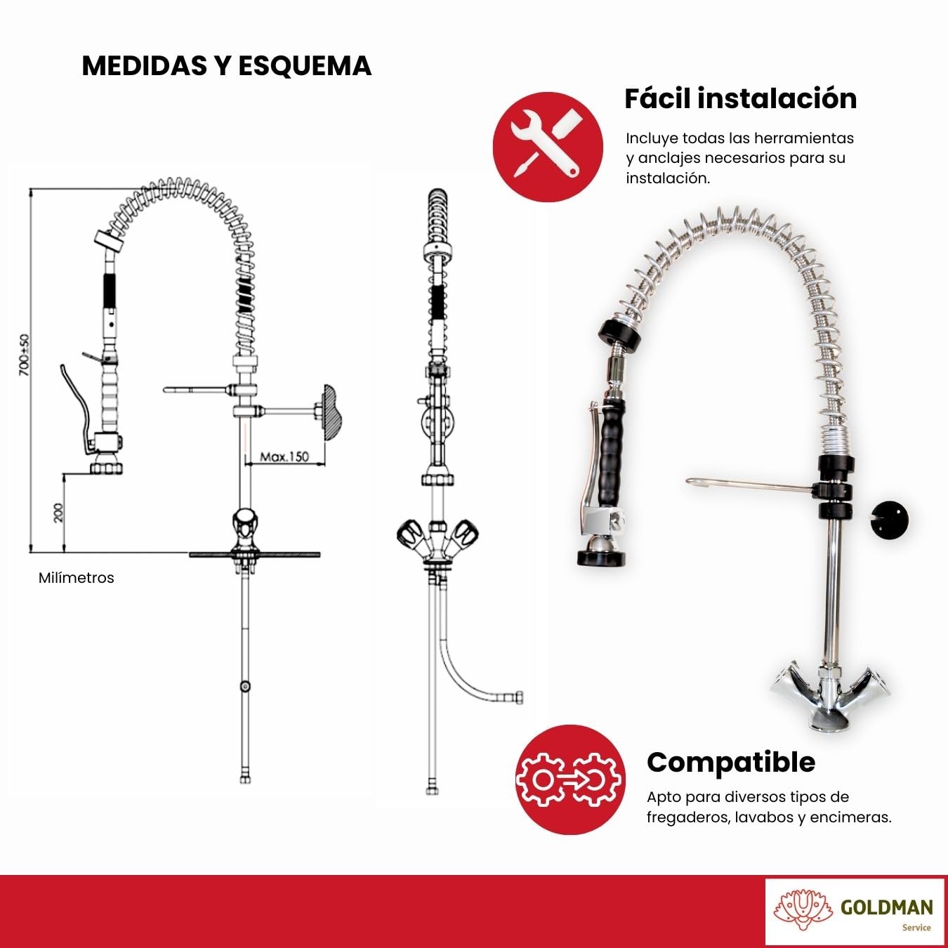 GOLDMAN SERVICE | Grifo Pomo Extensible para Fregadero Lavabo de Cocina con Spray Ducha. Usos Industrial Hostelería y Hogar