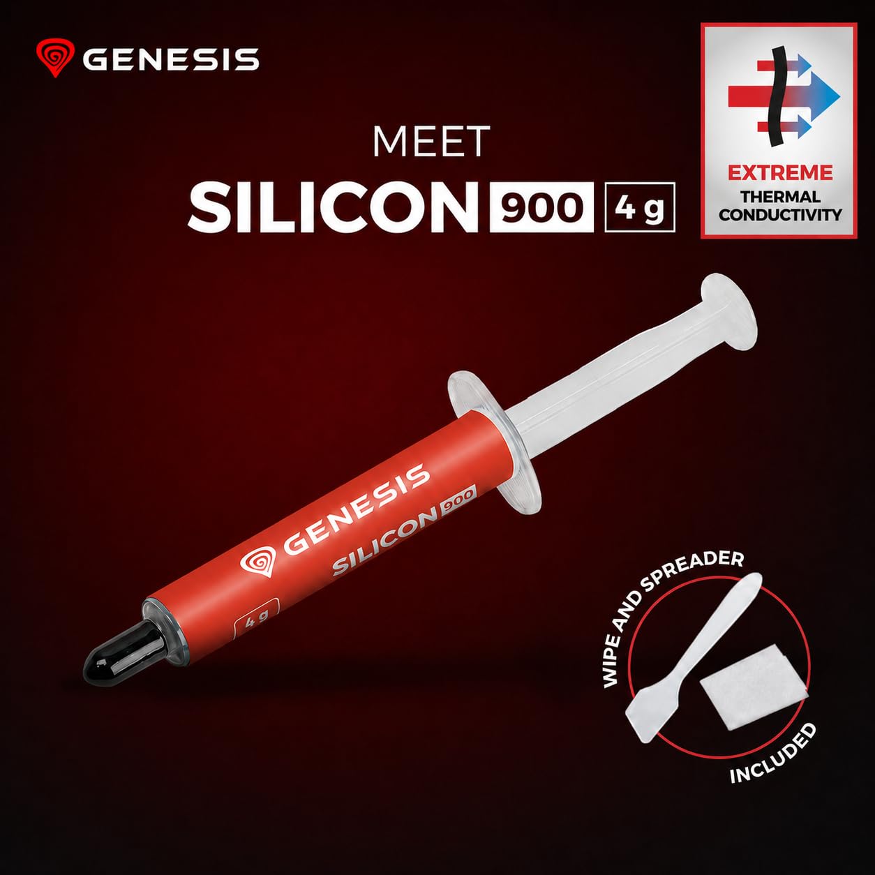 Genesis Silicon 900 pasta termoprzewodząca 4 g, pasta termiczna do CPU GPU PS5 PC, laptopa, 12,8 W/mK, szara pasta chłodząca z aplikatorem i ściereczką do czyszczenia, do procesora, konsoli karty