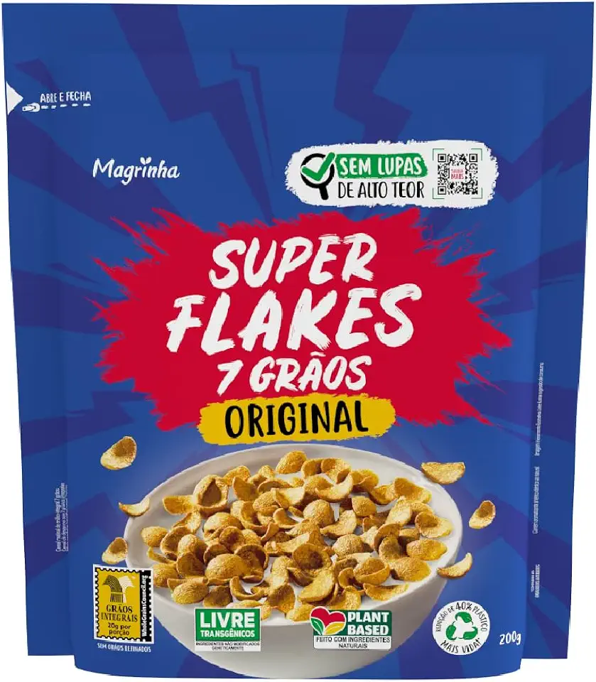Cereal Super Flakes Da Magrinha 200g – Original com 7 Grãos Nobres, Adoçado com Açúcar Demerara e Maltitol, Sem Transgênicos e Gordura Hidrogenada, Plant-Based, Sem Lupas de Alto Teor