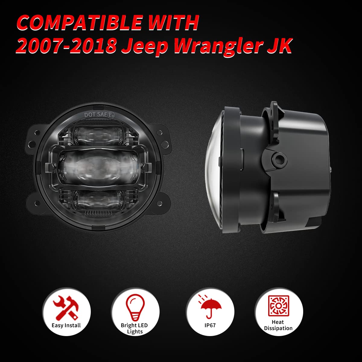 GXENOGO 4 Inch LED Fog Lights Compatible with Jeep Wrangler JK JKU 2007-2018, Black Front Bumper LED Lights