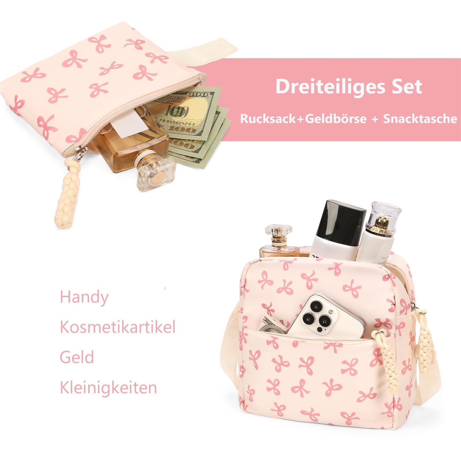 Schulrucksack Set 3-teilig mit Schleifen – Coquette Stil Rucksack für Teenager Mädchen, Aesthetic Schultasche geeignet für 5. Klasse & Laptops bis 15,6 Zoll (Rosa)