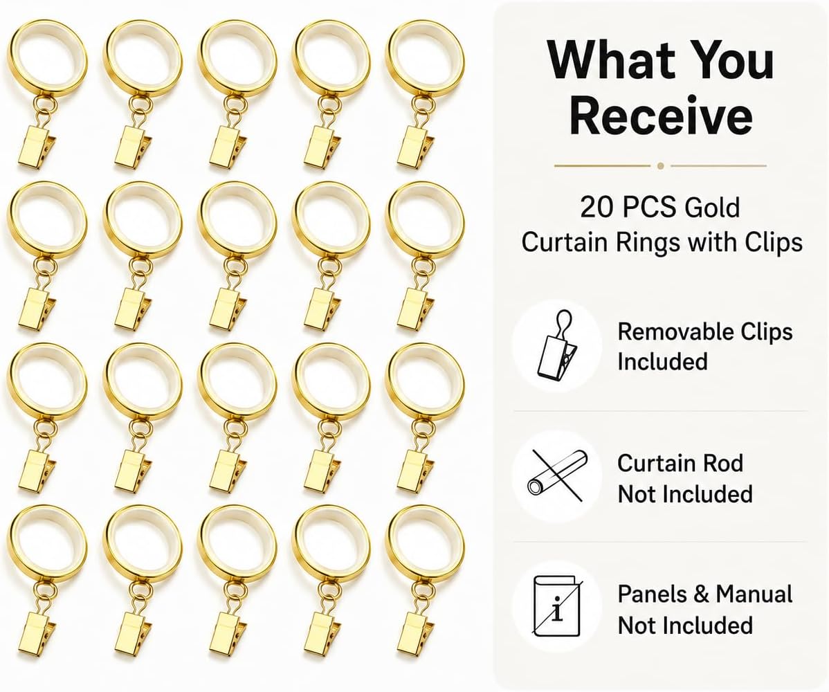 Gold Curtain Rings with Clips, 20 PCS for 1 to 1-1/4 in Rods | Iron rings and removable clips; plastic insert; for panels, drapes, blackout drapes; rod not included