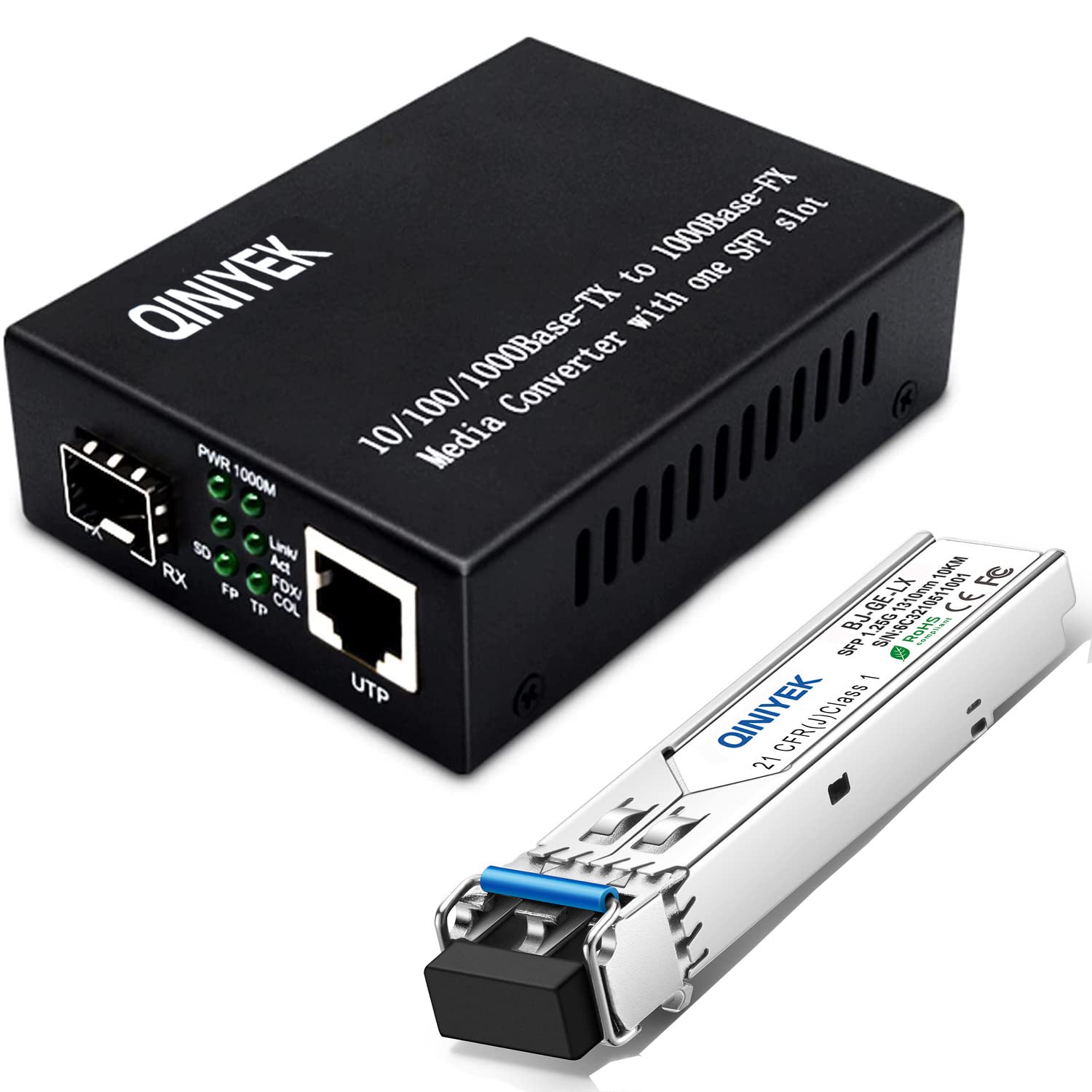 QINIYEKGigabit Fiber Ethernet Media Converter，10/100/1000Base-Tx to 1000Base-LX Open SFP Slot with Gigabit modules，Single mode Dual LC Fiber，up to 10KM