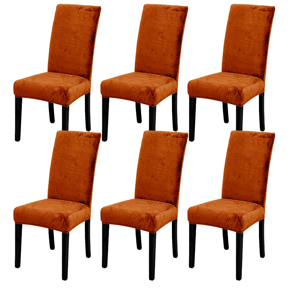 LIPOR Set of 6 Orange Chair Cushion Covers for Dining Room Velvet Stretch Parsons Chair Slipcovers Home Farmhouse Decor Washable Removable Chair Protector for Banquet Hotel Ceremony (6, Orange)