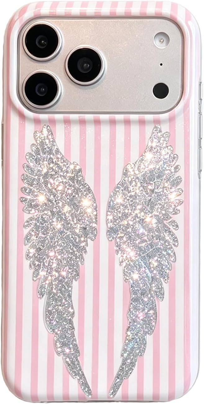 Cute Pink Striped Wing Case for iPhone 17 Pro Max Soft TPU Shockproof Cover