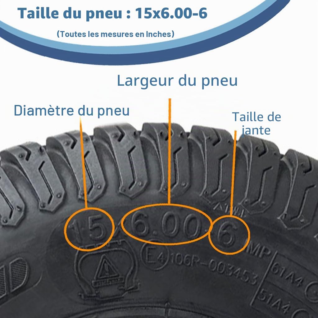 Roue pour tondeuse à gazon 15 x 6,00–6, moyeu de 65 mm, pneu P332 à 4 plis sur jante, roulements de 20 mm