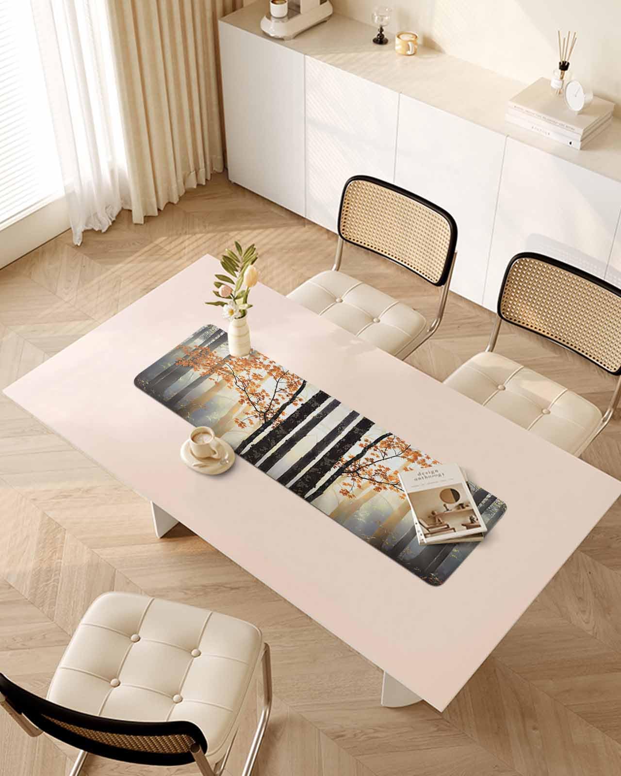 Debedcor Heat Proof Table Pads Waterproof Decorative, Sunlight Forest Non-Slip Table Countertop Protector, Abstract Maple Tree Botanical Insulation Mat for Kitchen Room, 40 x 12 Inches