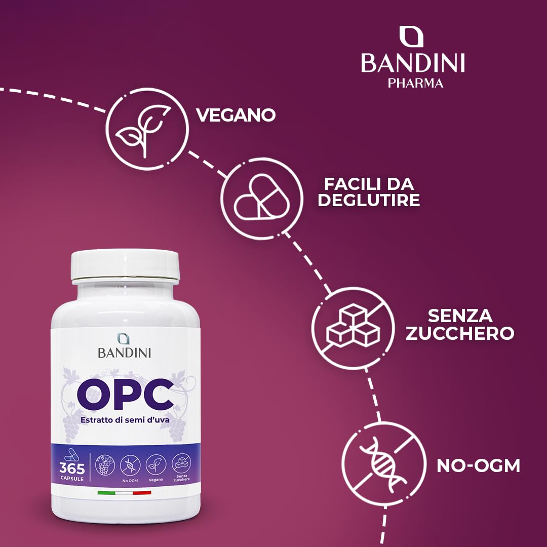 Bandini® Integratore OPC 365 Capsule Vegane, (95%) Estratto Semi d'Uva + Vitamina C, OPC puro da uva italiana con Contenuto più Alto Secondo HPLC, Antiossidante, Proantocianidina Oligomerica 95%