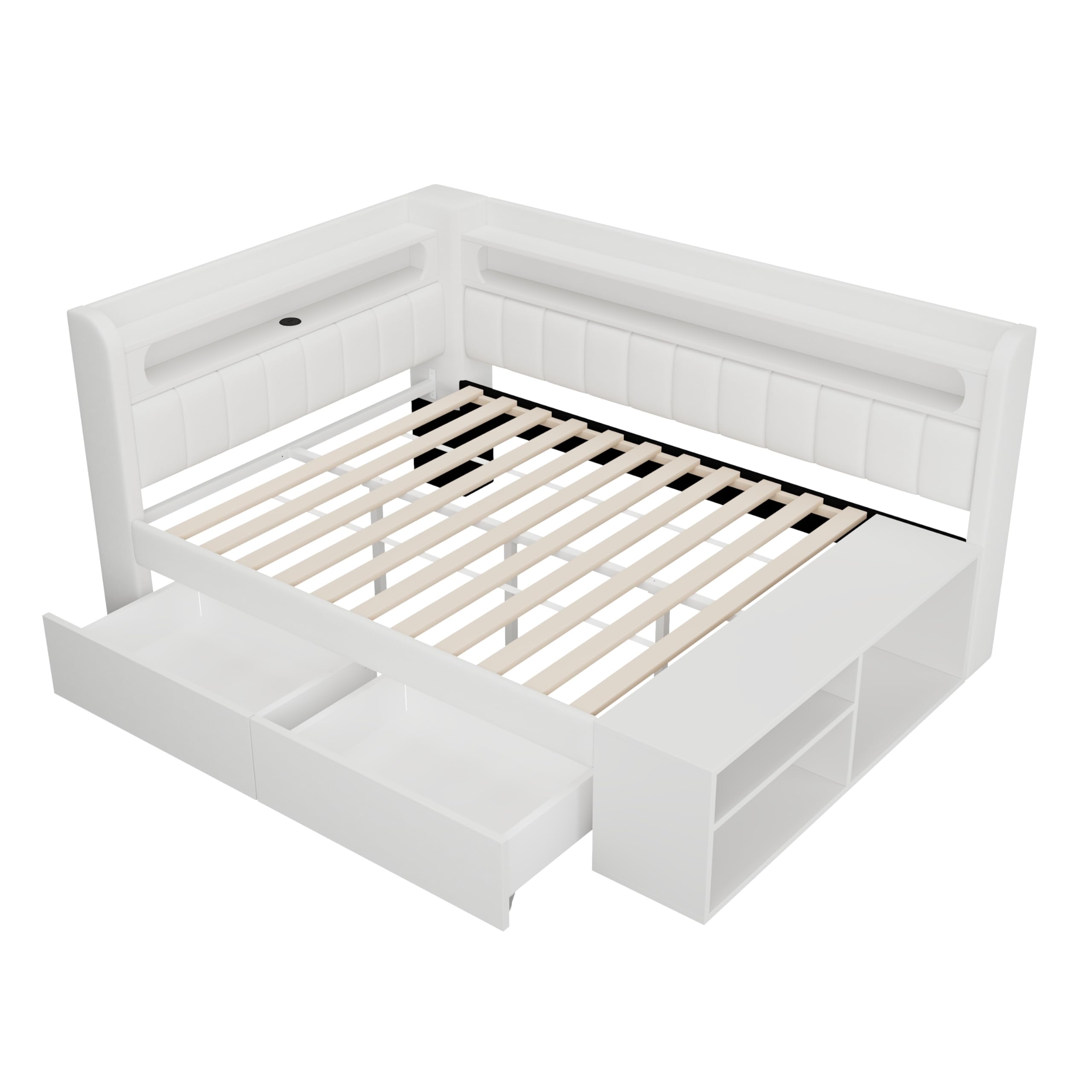 Moimhear Divano letto imbottito con porta USB e striscia luminosa a LED, con scarpiera e due cassetti, 90 x 200 cm (bianco)
