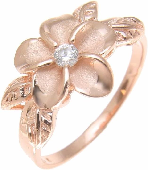 Arthur's Jewelry Pink Rose Gold Plated Sterling Silver 925 Hawaiian Plumeria Flower cz Maile Leaf Ring Size 3 to 10