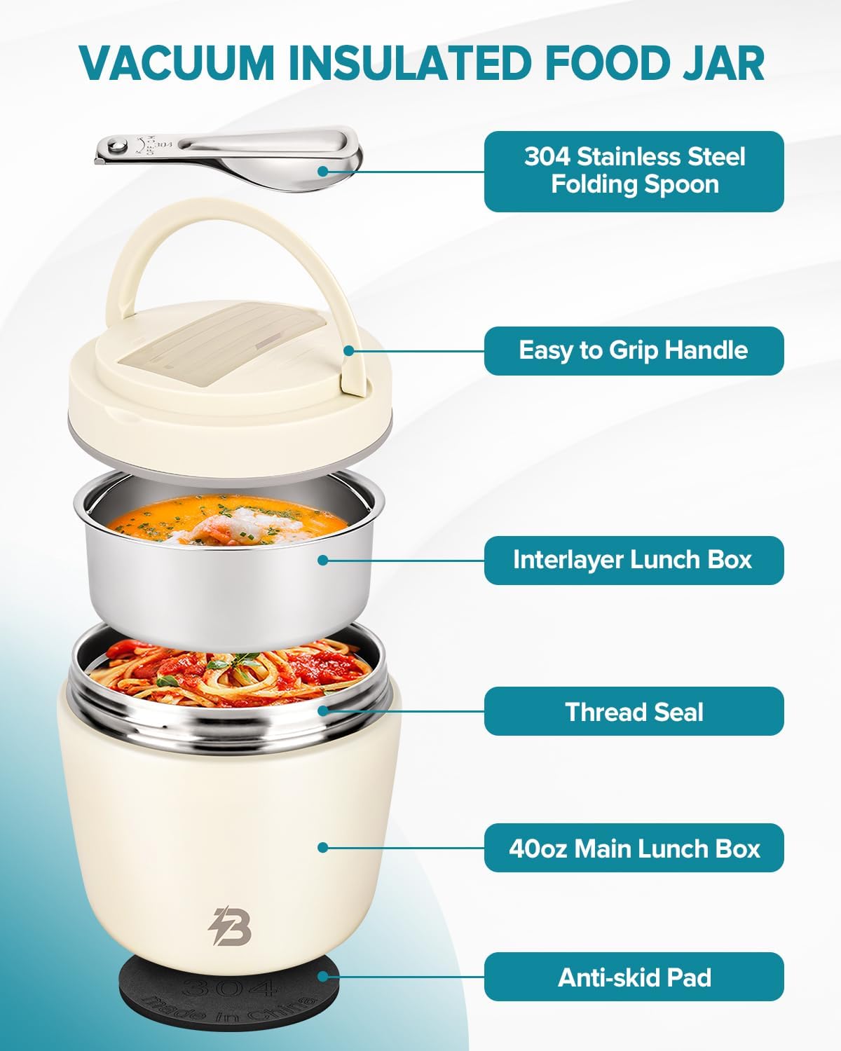 Thermo for Hot Food for Adults, 40OZ Wide Mouth Insulated Food Jar with Spoon, Leak Proof Stainless Steel Lunch Soup Thermo for Food (White)