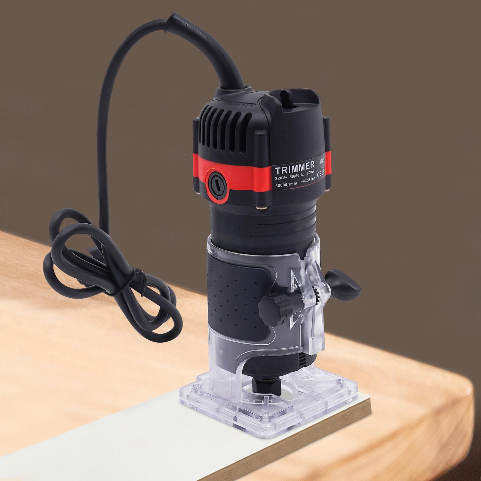 MINRS Frezarka górnowrzecionowa 800 W, elektryczna frezarka górnowrzecionowa, trymer, frezarka jednoręczna, średnica 6,35 mm, frez krawędziowy 30 000 obr./min, z 15 tulejami zaciskowymi i skrzynką