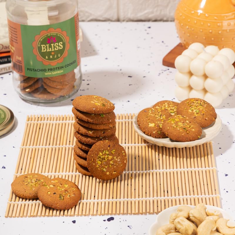 Image of Bliss by Anju Pistachio Protein Cookies with Saffron 350 g | 58.7g Protein per Pack | Made with Channa Sattu, Pistachios, Dates & Jaggery | No Oil, No Dairy, No Preservatives
