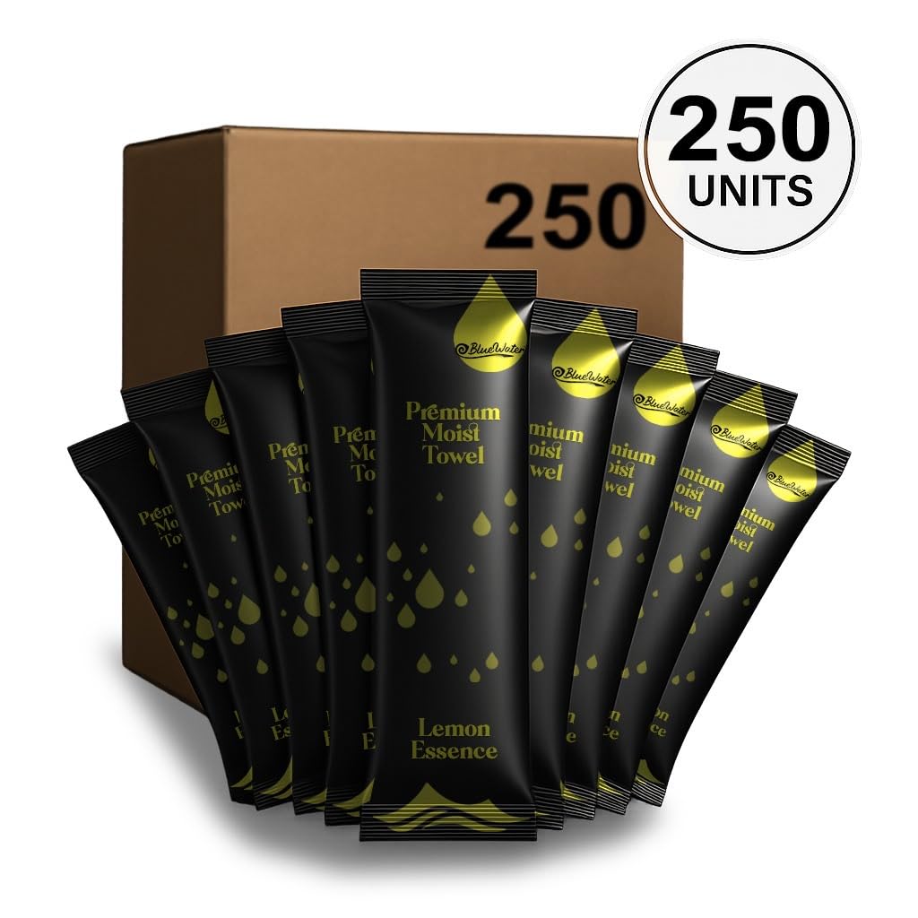 BlueWater Premium Moist Towels (250 Count, Lemon, Black Packaging) – Individually Wrapped, Single-Use Refreshing Towelettes for Hot or Cold Use