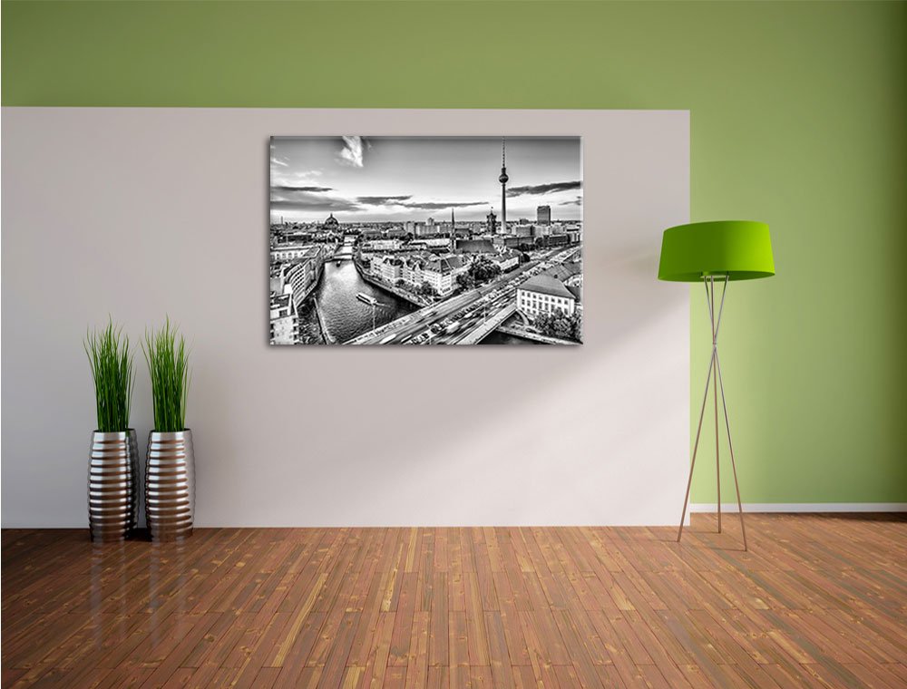 Pixxprint Monocrome, Skyline von Berlin, Größe: 120x80cm, Leinwandbild, fertig gespannt, Wandbild, Dekoration, Kunstdruck, kein Poster