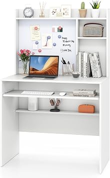 Giantex White Computer Desk with Hutch, Modern Computer Workstation PC Laptop Desk with Bookshelf, Keyboard Tray, Magnetic Whiteboard & Cable Hole, Writing Desk for Small Space, Bedroom, Home Office