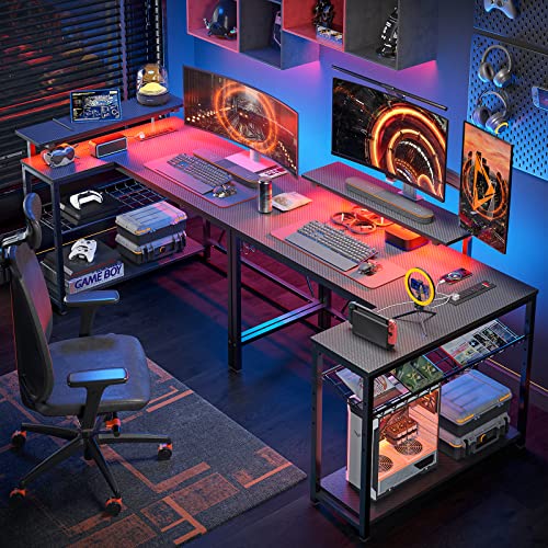 Bestier Small L Shaped Gaming Desk With Power Outlets,42 Inch Led Computer Desk With Monitor Stand Reversible Storage Shelves Corner Gamer Desk With Headset Hooks Usb Charging Port,Carbon Fiber Black #TOP1