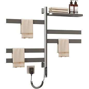 Electric Towel Radiator with Storage Shelf Bathroom Radiator Electric 180  Rotation Towel Rail Radiator 150 W with Timer and Thermostat 1-9 H 30-70  C Grey