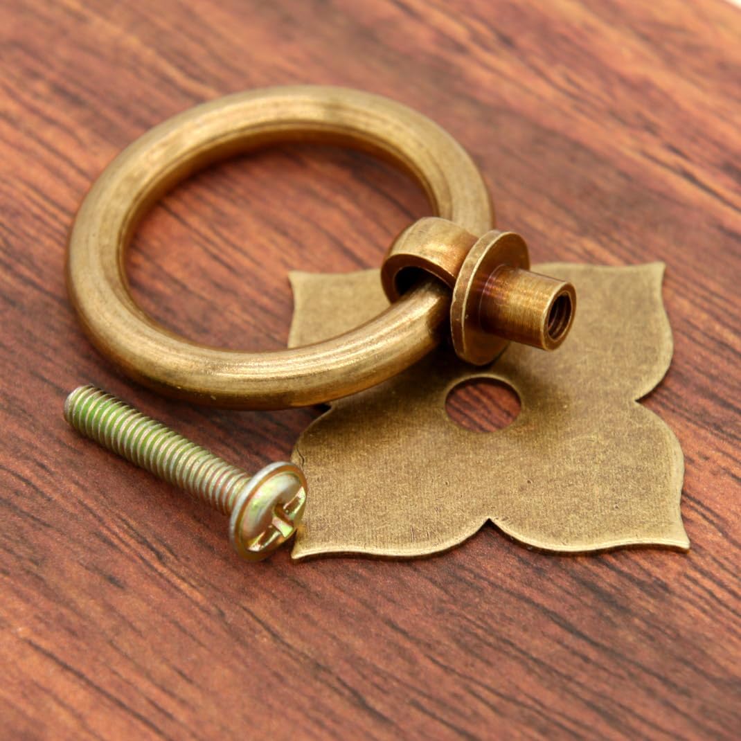 LXZ 6 PCs Pure Copper Ring Pulls - Vintage Antique Brass Ring Pulls with Four-Leaf Clover Shaped Base - Pure Solid Brass Core - Ring Size 1.4" (3.5 cm)