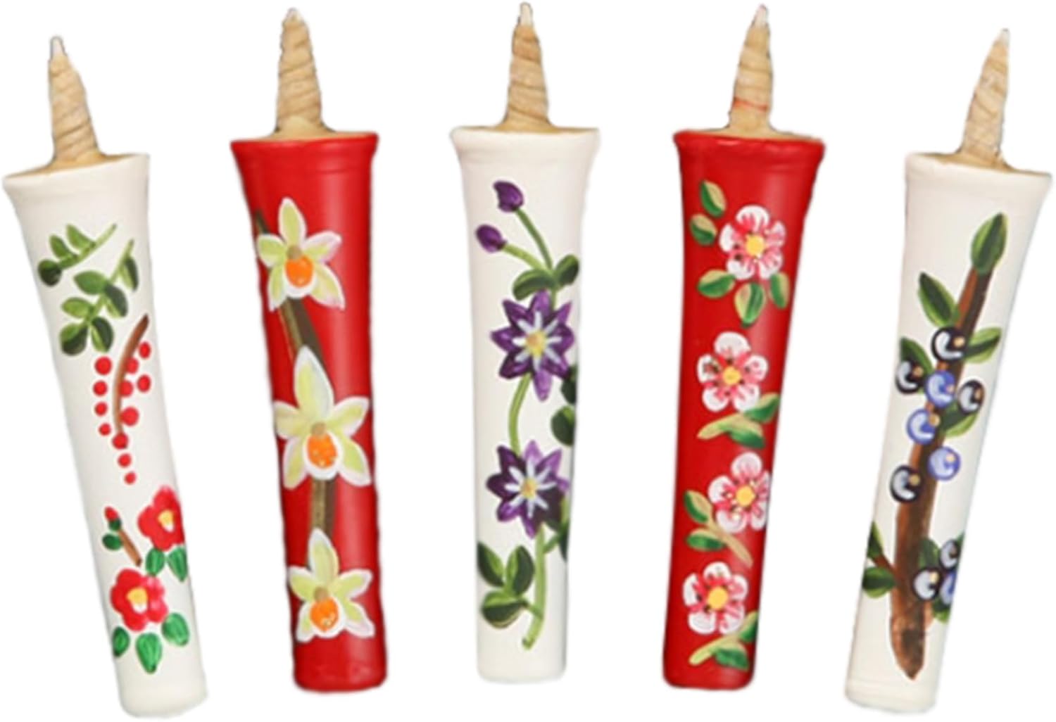 IPPINKA Japanese E-Rosoku Candles, Set of 5 – 100% Organic Vegetable Haze Wax, Hand-Painted Floral Designs, Dripless, Smokeless, Handmade in Japan