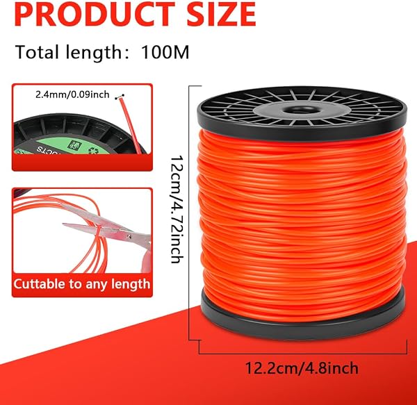 Hilo Redondo de Nylon Universal para Desbrozadora y Cortacésped (2.4 mm x 100m), Hilo para Desbrozadora, Hilo de Nylon de Gran Resistencia, Hierba, Maleza, Vegetación y más, Naranja - 2