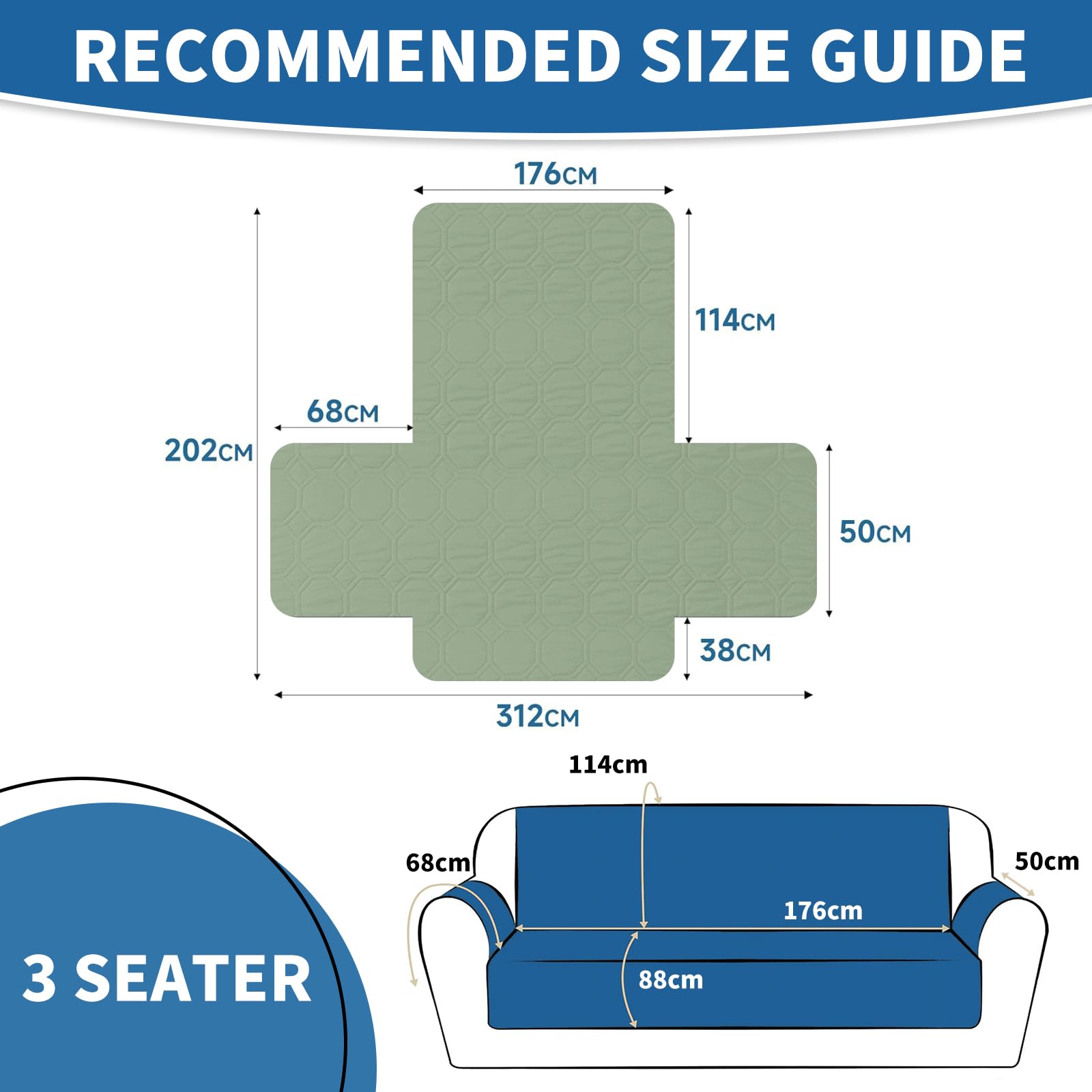 Ystyle Copridivano Impermeabile 3 Posti Con Braccioli, Copri Divano Antigraffio Gatto Con Tasche Laterali, Sofa Cover Antiscivolo, Universale Copridivani Mobili Protector, Verde Menta