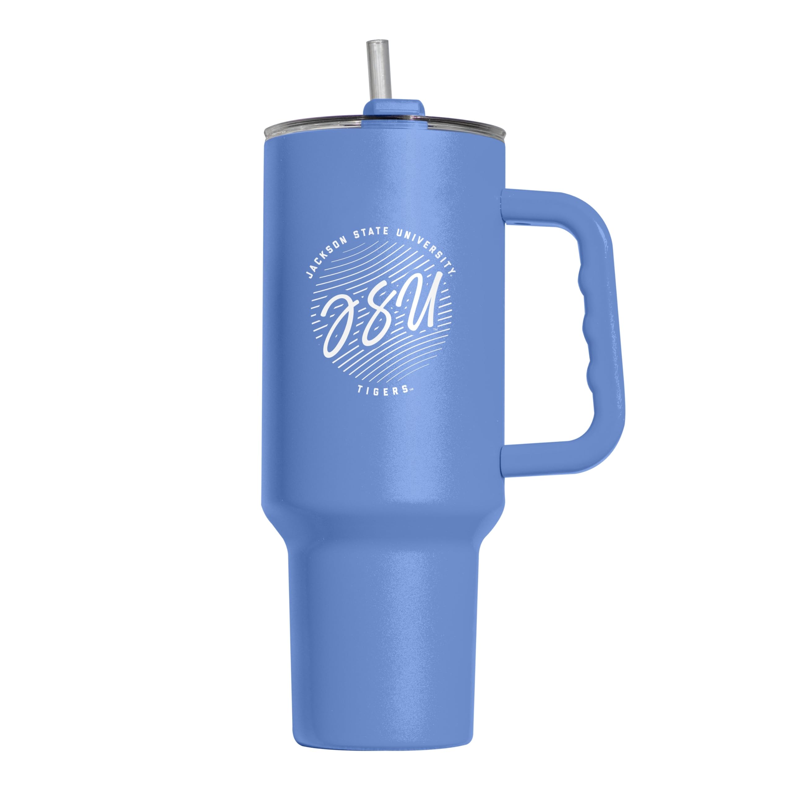 Logo Brands NCAA Jackson State Tigers Retro Script Arctic 40 oz Tumbler with Handle - Stylish Everyday Use Powder Coated-Stainless Steel with Straw- Keeps Cold For Hours