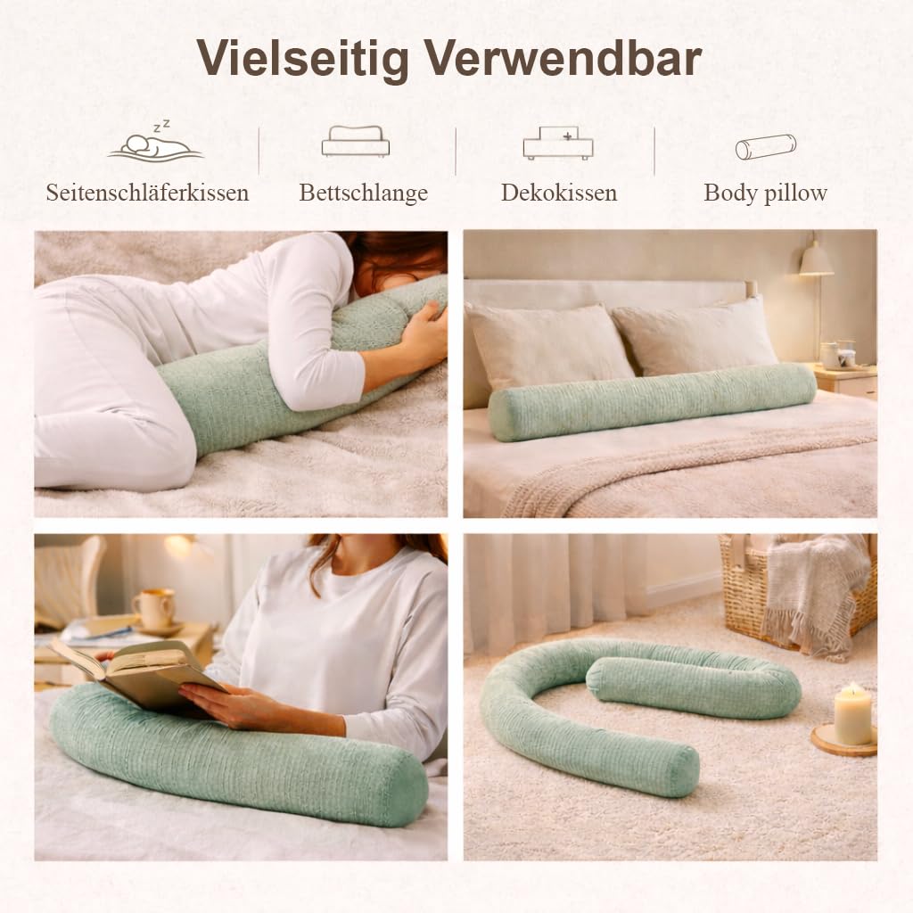 Seitenschläferkissen aus 100% Baumwolle – Body Pillow Bettrolle Nackenrolle (Eukalyptus, 400 cm)