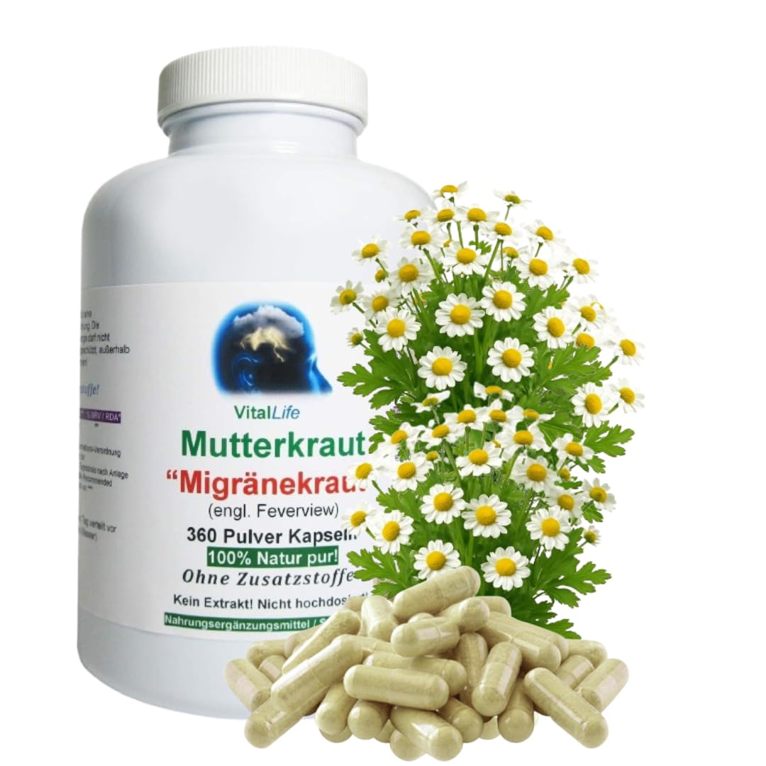 MUTTERKRAUT 360 Kapseln Migränekraut nach HILDEGARD VON BINGEN Feverfew "Kopfgewitter" - NATURDOSIERT = 100% NATUR pur. OHNE ZUSATZSTOFFE. 26308-360