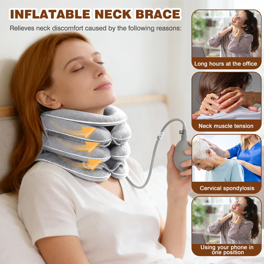 Collare gonfiabile, design di allungamento a 3 strati, supporto per il collo, collarino gonfiabile, per il collo, per il collo, per il collo, per la casa, per alleviare il dolore, grigio chiaro
