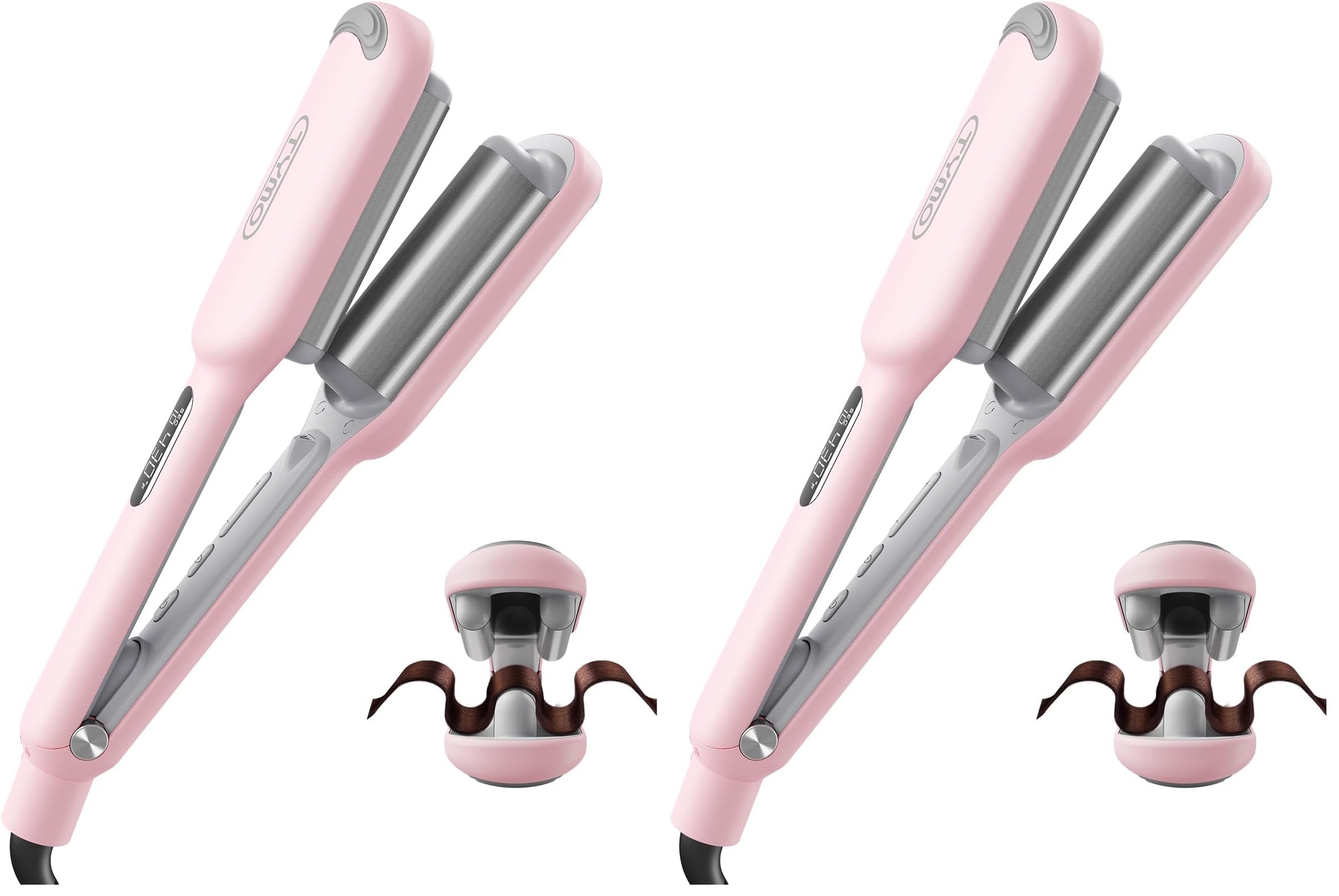 Curling Iron Hair Crimper Waver - TYMO ROVY Beach Waves Curling Wand, Ionic Deep Waver Hair Curler Tool with Ceramic 3 Barrel for Women, Dual Voltage, Anti-Scald, Easy to Use, Pink, 1 Inch (Pack of 2)