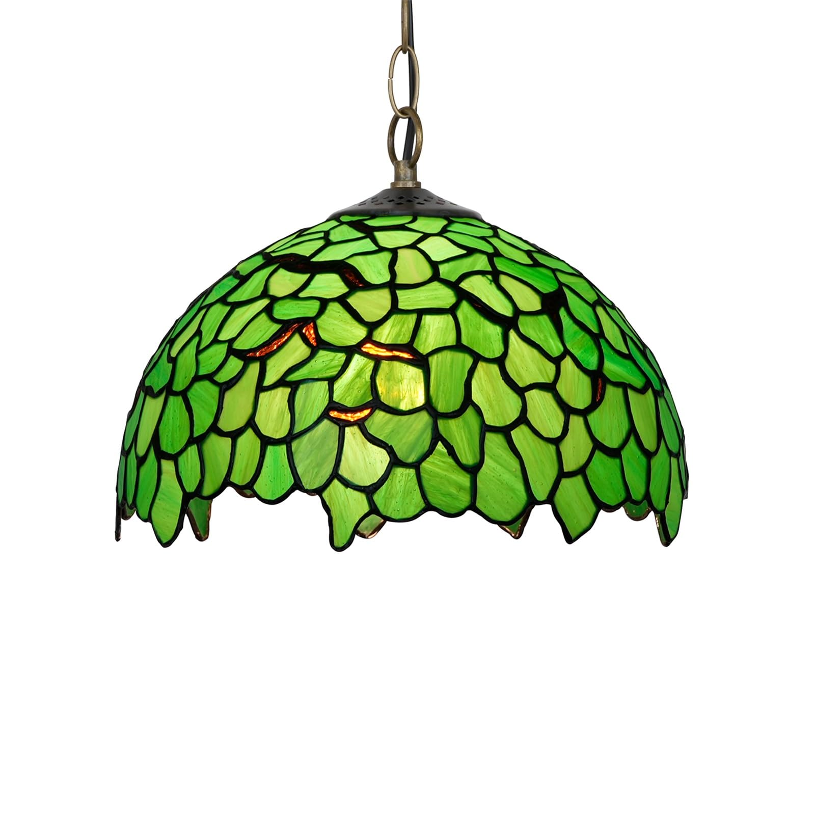 Tiffany Style Ceiling Light, 12 Inch Stained Glass Hanging Pendant Light Green Leaves Vintage Decor Chandelier for Kitchen Island Dining Living Room Bedroom Corridor