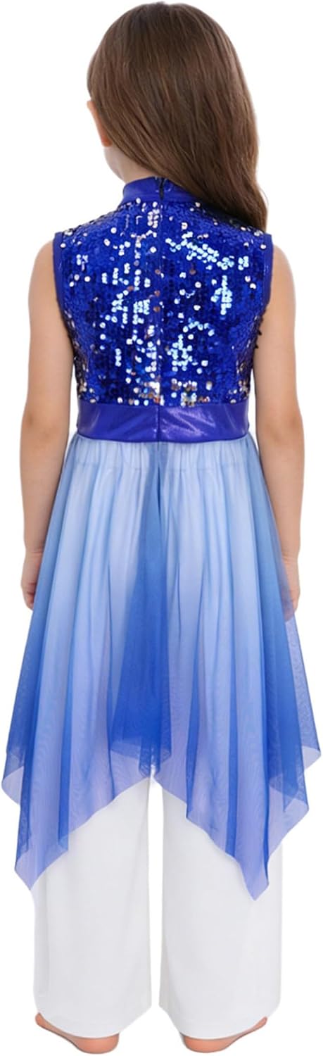 Kids Girls Praise Dance Outfit Sequin Worship Tunic Overlay Dress with Palazzo Pants Liturgical Dancewear