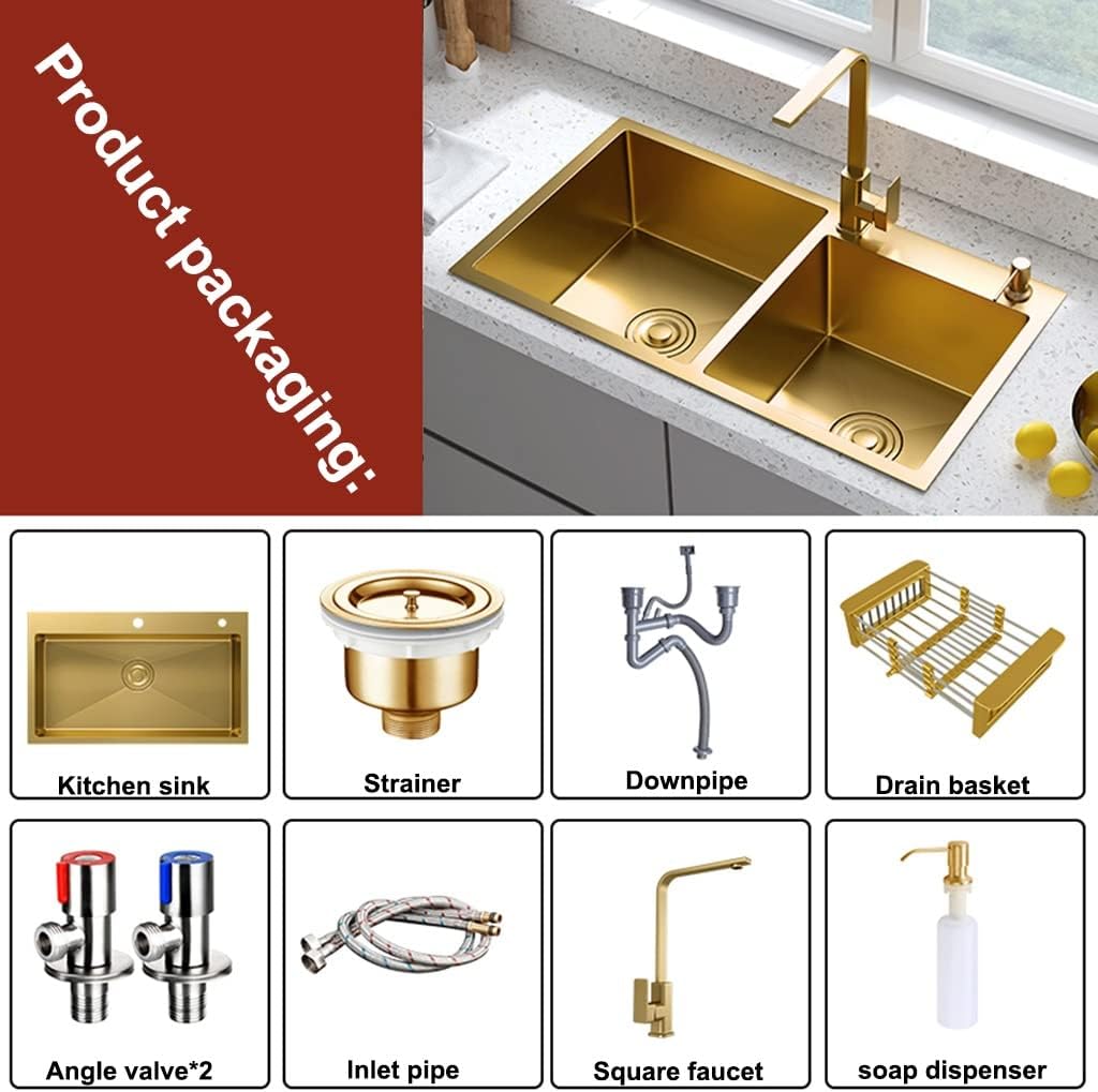 Double Bowl Kitchen Bar Sink Wet Bar & Prep Sink Stainless Steel RV Sink with Square Faucet & Drain Top Mount Or Undermount (Color : Gold, Size : 72x40x21cm)