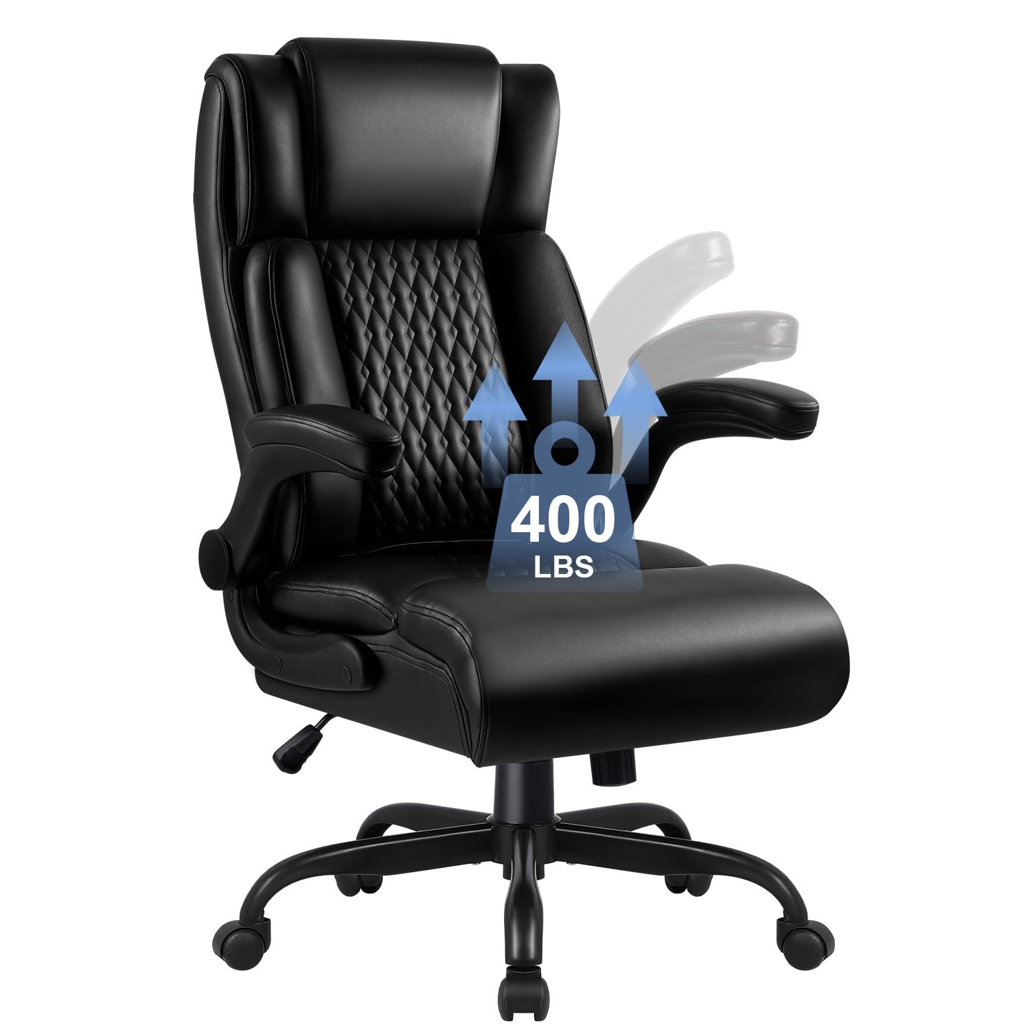 Big and Tall Office Chair Ergonomic Leather Office Computer Desk Chair Black Heavy Duty Office Chair with Flip-up
