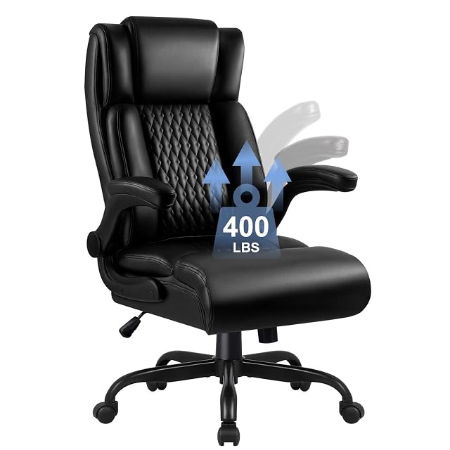 Big and Tall Office Chair Ergonomic Leather Office Computer Desk Chair Black Heavy Duty Office Chair with Flip-up