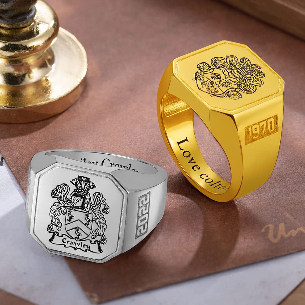 Individueller quadratischer Schul-Logo-/Familienwappen-Ring für Männer und Frauen aus Sterlingsilber 925 mit personalisiertem Bild, Text oder Namen. Siegelringe für Absolventen, Väter und Ehemänner