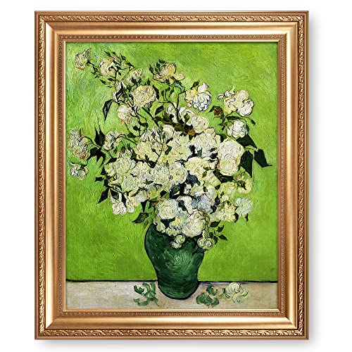 A&T ARTWORK Pink Roses in a Vase by Vincent Van Gogh.Framed Size:36x30 inches,Image Size:30x24 inches Van Gogh.World Classic Reproductions For HomeDecor,Wide Gold Embossing Frame