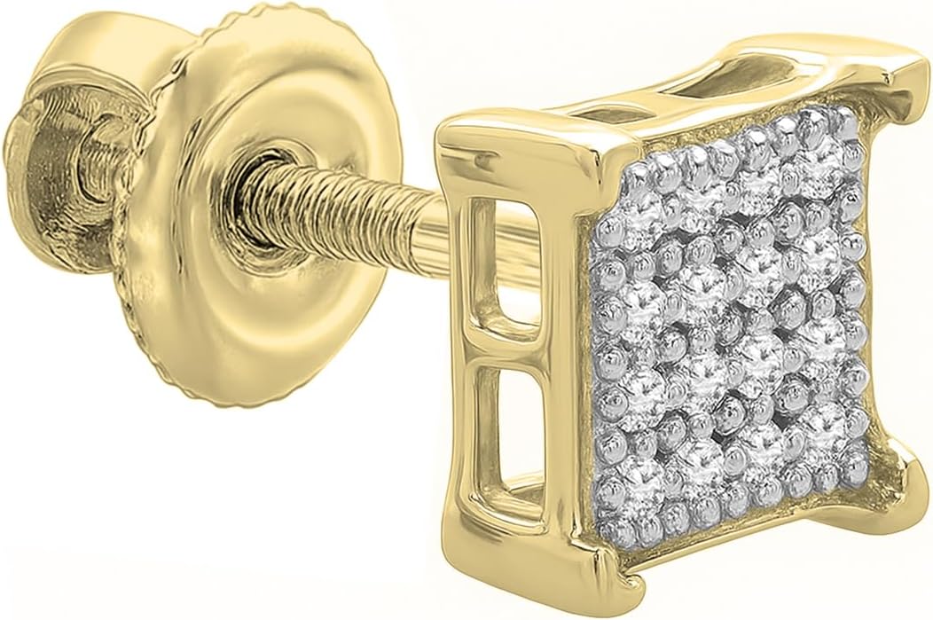 Dazzlingrock Collection Round White Diamond V Prong Square Hip Hop Iced Unisex 1Pc Stud Earring (0.03 ctw, Color I-J, Clarity I1-I3) in Gold