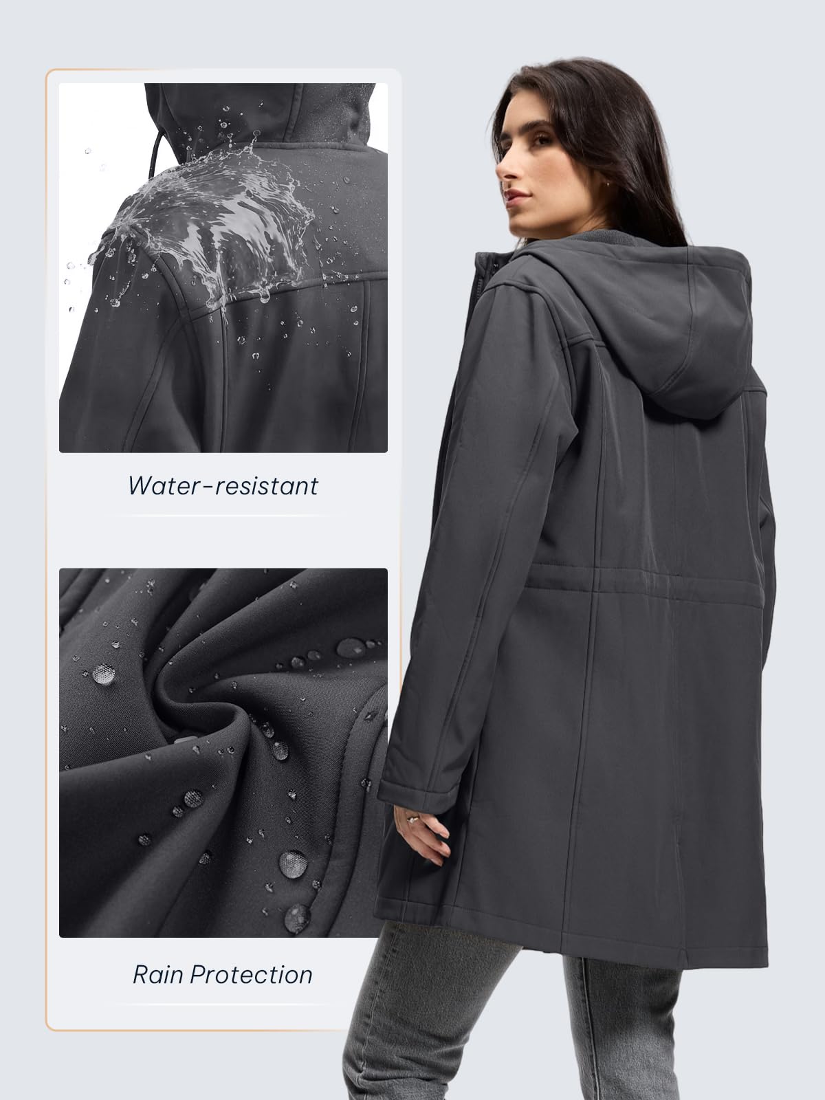 SaphiRose PONCHO Damen Regenjacke Wasserdicht Lange Softshelljacke mit Kapuze Übergangsjacke mit Atmungsaktiv Futter Regenmantel Windbreaker Jacke Leicht für Frühling Sommer und Herbst