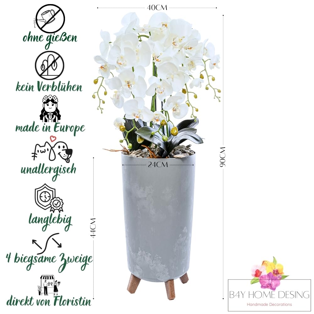 Kunstliche Orchidee weiß xxl im Topf Beton-Optik, 90x40cm groß, realistische Blüten Phalaenopsis, 4 Rispen | industrial, minimalistisch Arrangement, Kunstblumen wie Echt, Hochzeit, Heimdeko