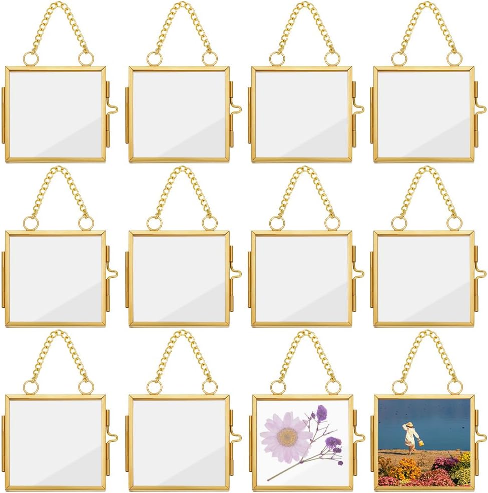 OLYCRAFT 12pcs Mini Hanging Glass Frame 2.1 Inch Wall Hanging Photo Frames Square Double Glass Picture Frame with Chain Brass Frame DIY Artwork Display Frames for Pressed Flowers Pictures Home Wall