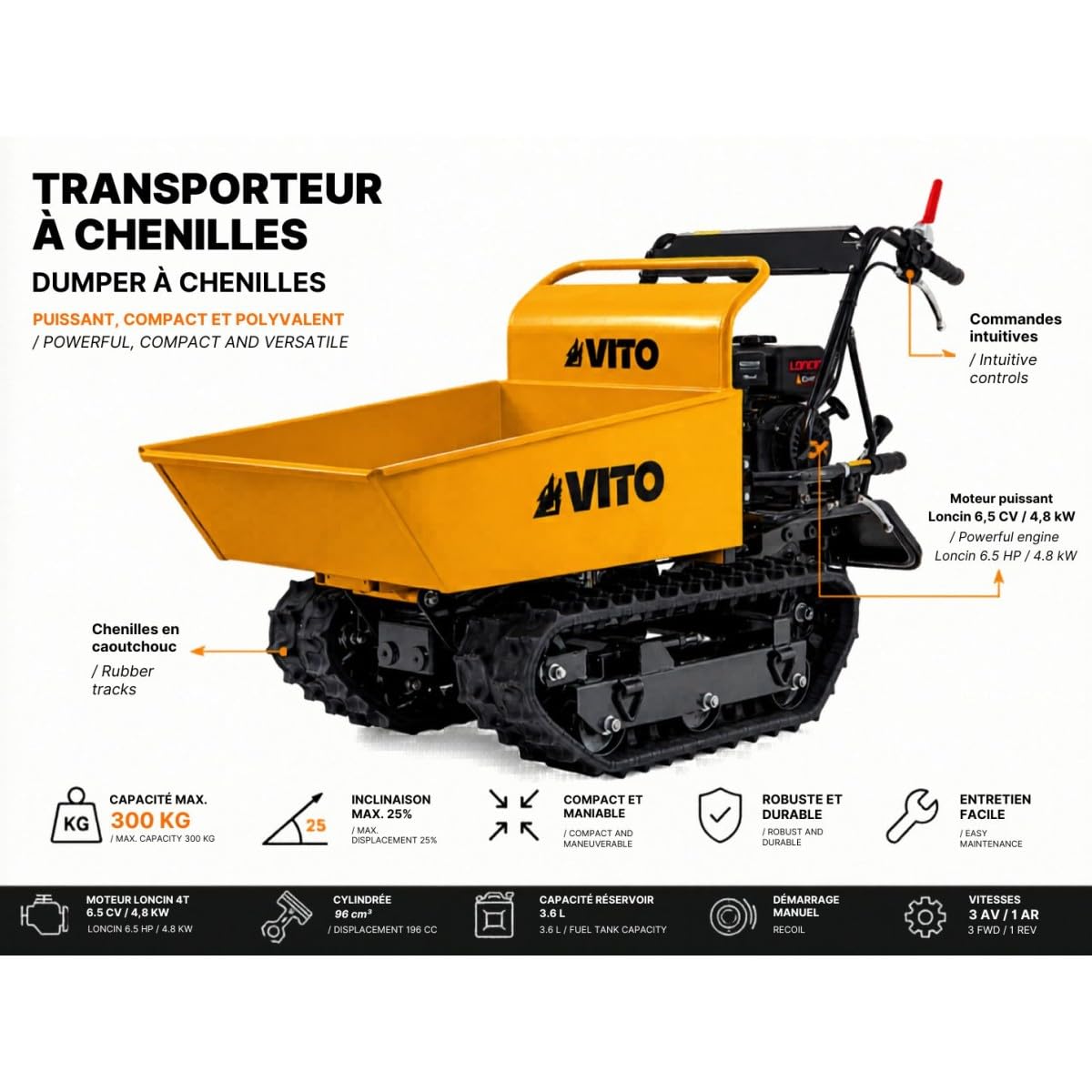 Mini Dumper de orugas Motor Loncin 196 Cm3 Gasolina 6,5 CV – Carretilla de orugas Transporte Carga 300 kg 4,8 KW Astillero VITO