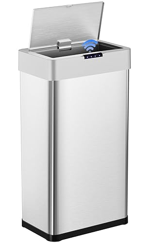 Arlopu Cubo de basura automático, cubo de basura de acero inoxidable con sensor de movimiento, sin contacto, con tapa de cierre suave, luz de