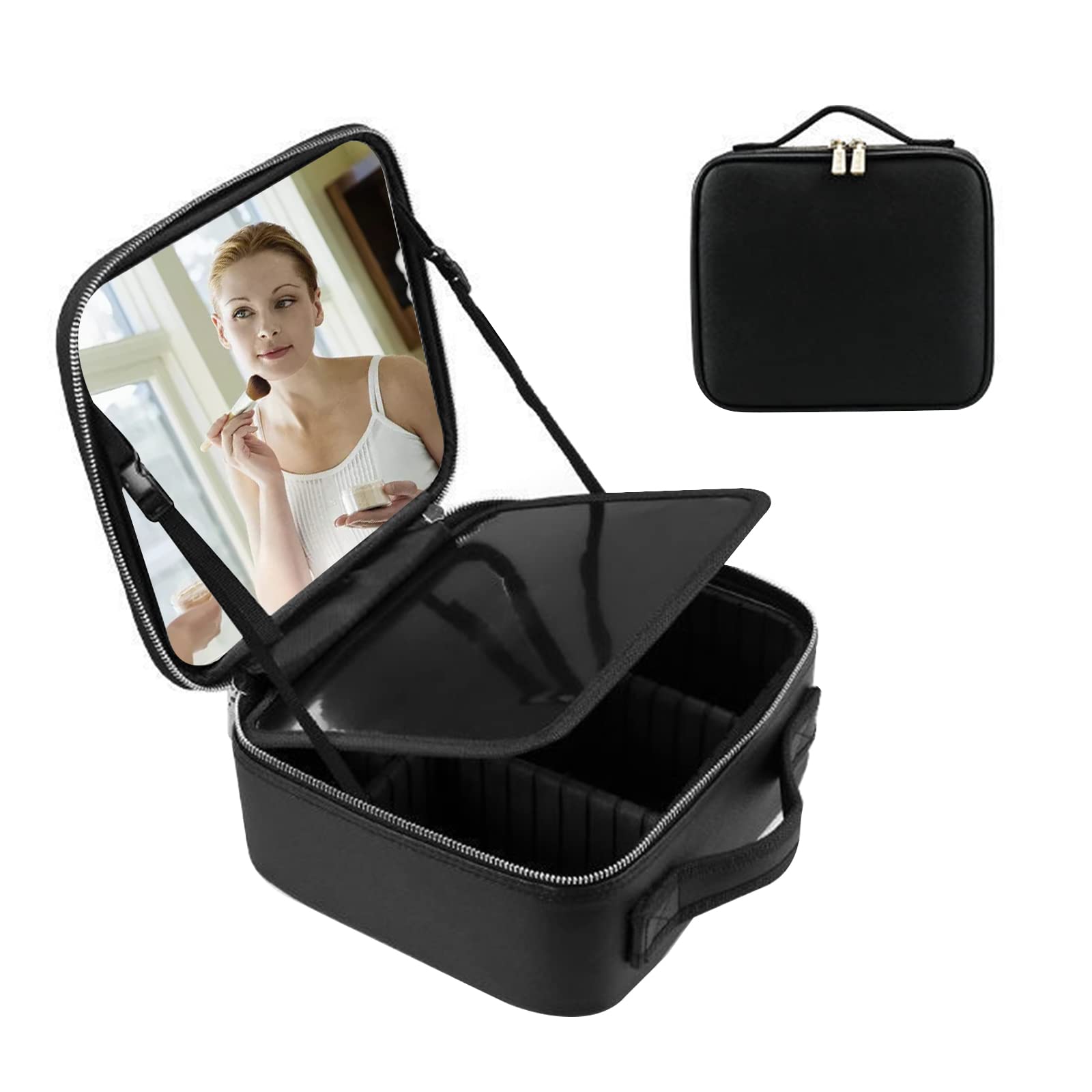 PEALOV Makeup Bag with Mirror,PU Leather Cosmetic Bag Vanity Case Makeup Bag with Removable Compartments,Makeup Train Case with Adjustable Dividers,with Brush Organizer Travel Bag for Women(Black)