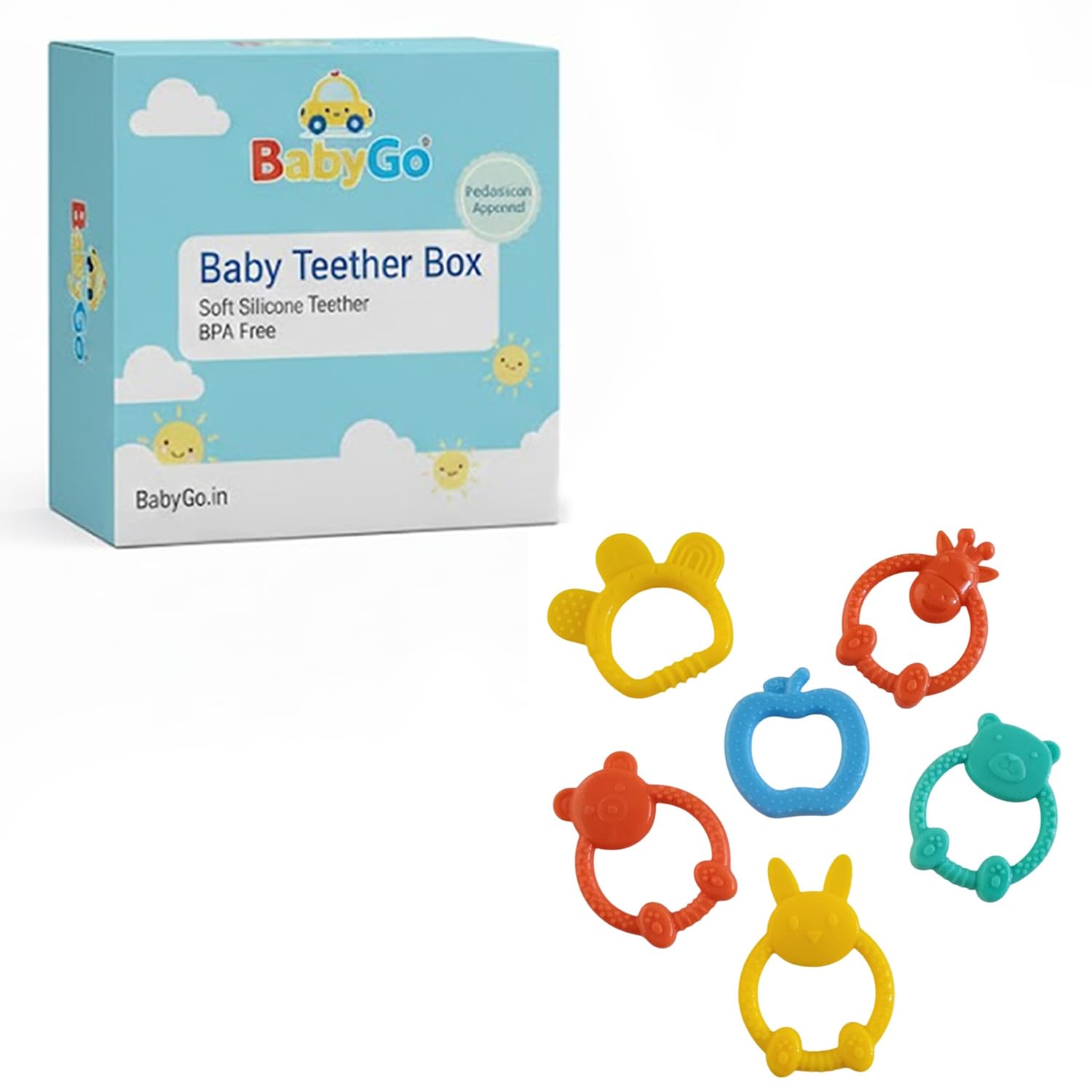 BabyGo Baby Teething Rings Set, Animal Shapes Silicone Teethers, BPA Free Natural Organic Nipple Teethers for Newborn Infant, Babies (Pack of 3)-picture-18