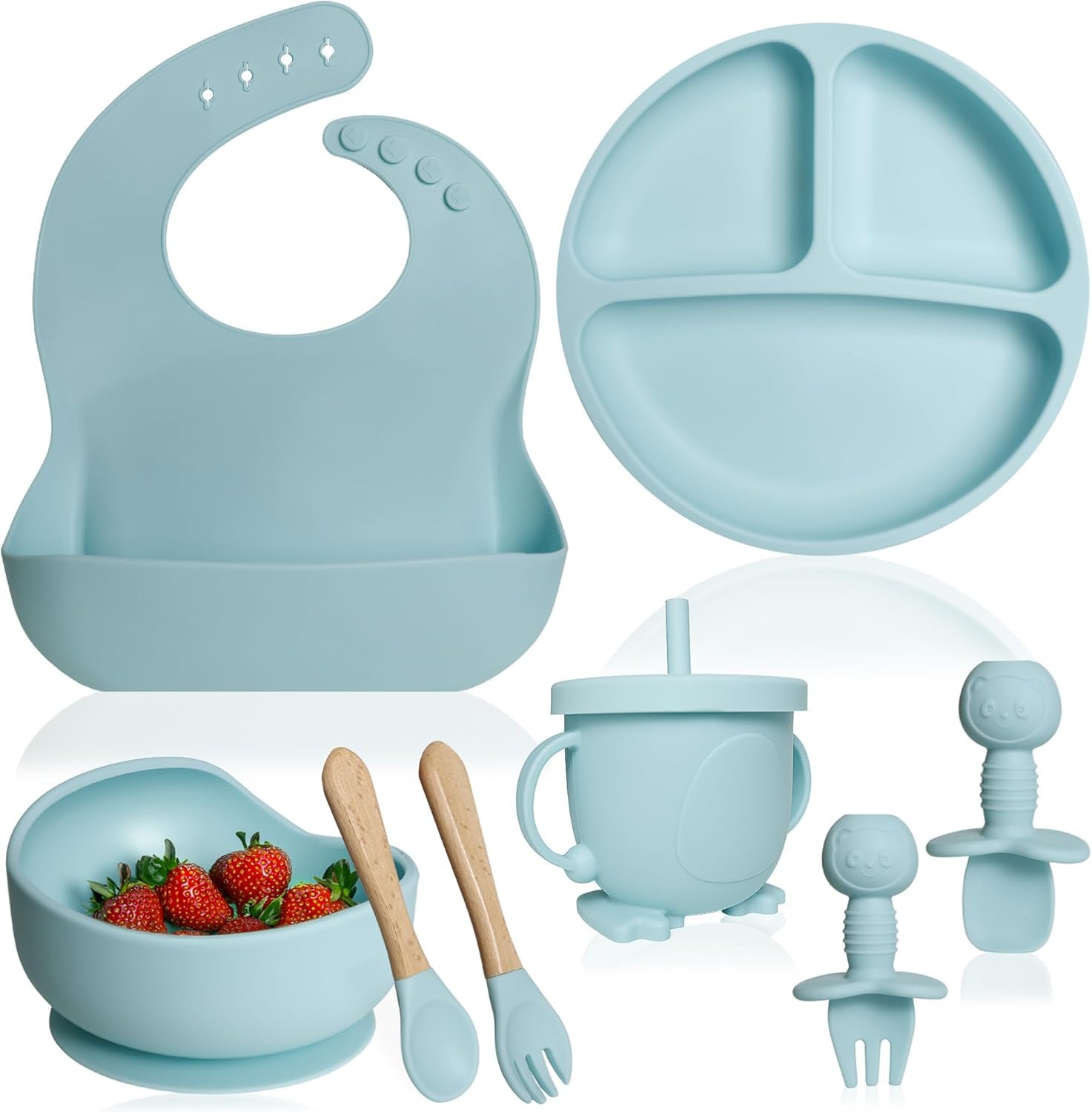 BPA Free Silicone Baby Feeding Set,Baby Led Weaning Supplies,Eating Essentials Utensils with Suction Plate & Bowl,Pocket Bib,Sippy Cup with Lid,Forks Spoons for Baby&Toddler 6+ Months,Blue