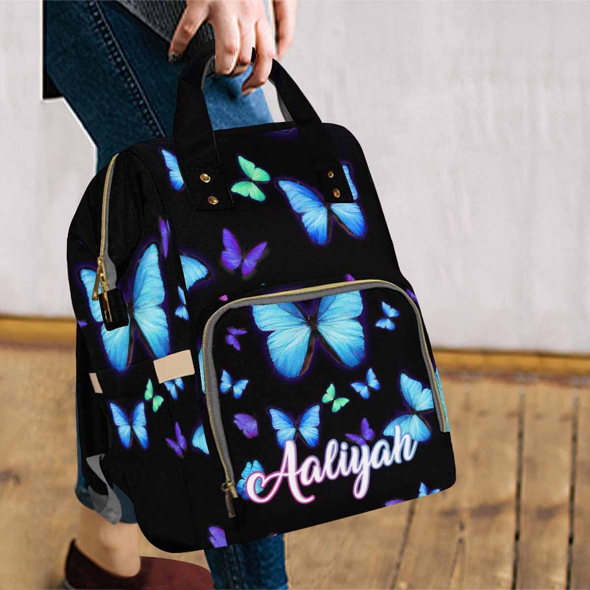 Artsadd Custom Diaper Bag Backpack with Name, Personalized Butterfly Diaper Bags for Women Customized Large Capacity Diaper Backpack for Men Women Camping Hiking