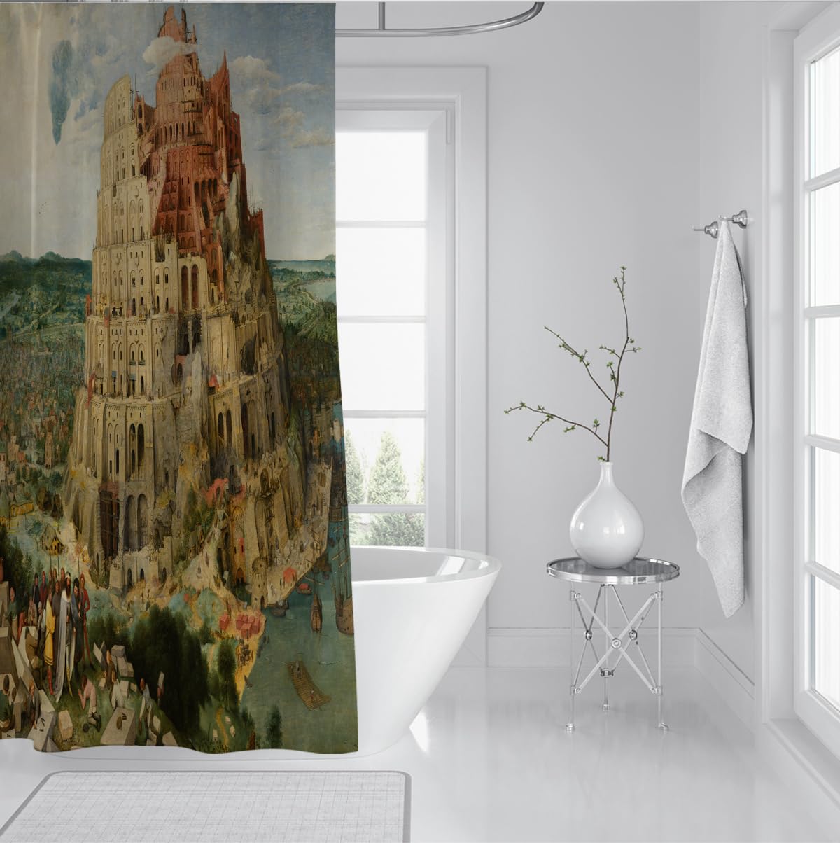 Célèbre Peinture en Tissu Rideau de Douche Tour de Babel majestueuse Structure en Spirale Rideau imperméable de Salle de Bain pour décoration d’Appartement 180 x 180 cm