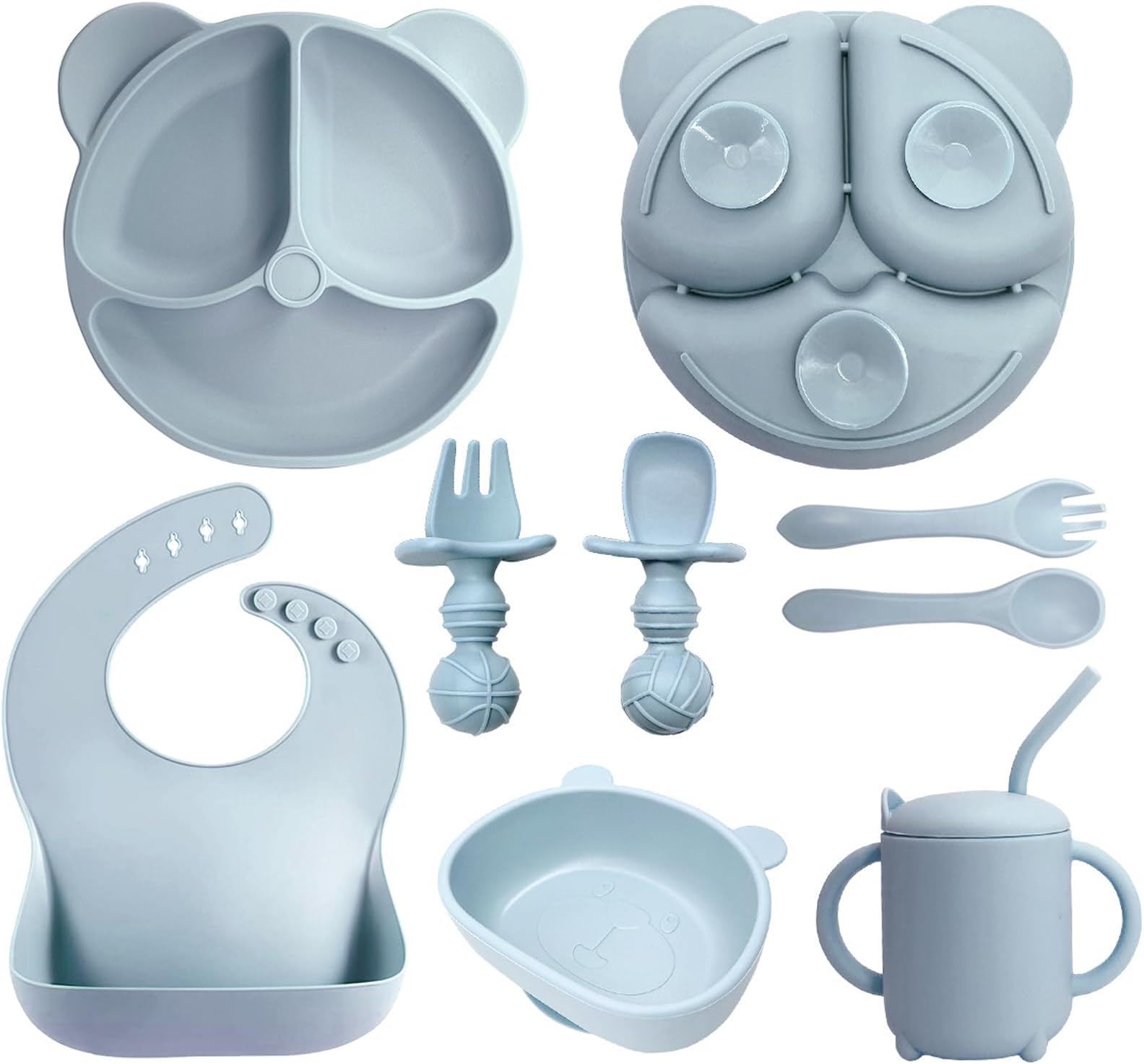 U-HOOME Silicone Baby Feeding Set, Baby Weaning Feeding Supplies with Suction Bowl,Toddler Self Feeding Dish Set with Spoons Forks Sippy Cup Adjustable Bib, Eating Utensils for 6+ Months (Blue)